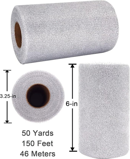 Glitter Tulle Fabric Rolls, 6 Inch 50 Yards (150ft) Sparkling Spool Ribbon Sequin Netting for Tutu Skirt Gift Wrapping Wedding Party Decoration (Silver)