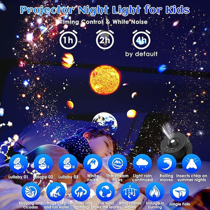 Galaxy Projector for Bedroom Pro Version, HD 12 in 1 Film Discs Star Projector with Bluetooth Galaxy Light, Planetarium Projector with Timer, White Noise, 360 ° Rotation, Remote Control，Black