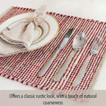 Chardin Home Natural Jute & Red Placemats, Set of 4 – Rustic Handmade Boho Table Mats, 13x19 Inch Dining Table Placemats for Kitchen, Everyday Meals, Holidays, Farmhouse or Modern Table Décor