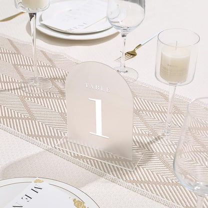 UNIQOOO Frosted Arch Wedding Table Numbers with Stands 1-20, 5x7" Acrylic Display Signs and Holders, Pack of 20, Perfect for Centerpiece, Reception, Decoration, Party, Anniversary, Event