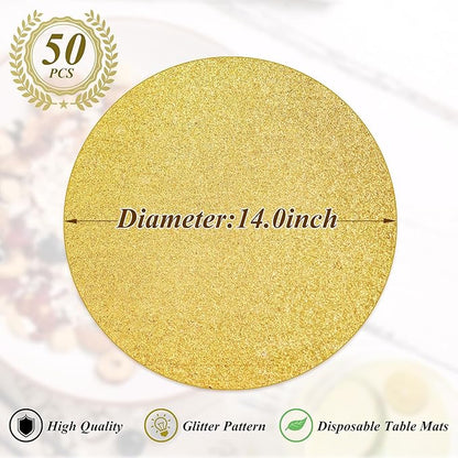 50 Pieces Gold Glitter Paper Place Mats Sparkle 14'' Round Disposable Table Mats Golden Sequin Doilies Decorative Placemats for Wedding Banquet Party Home Dining Tableware