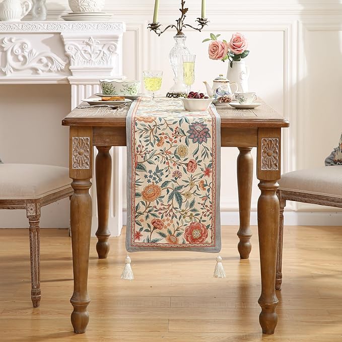 Floral Cloth Small Runner for Table,Decorative Linen 63 Inches Long Table Runners,Farmhouse Decor Tabletop for Kitchen,Dining,Party,Home,Christmas,12"*63"