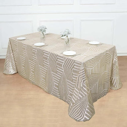 Efavormart 90"X132" Champagne Sparkly Sequin Geometric Tulle Rectangular Tablecloth
