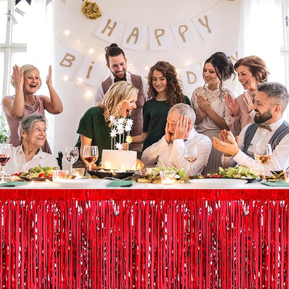 3 Pack 29 x108 Inch Red Foil Fringe Table Skirts Metallic Banner for Tinsel Streamer Garland Backdrop for Parade Floats Wedding Thanksgiving Birthday Christmas Halloween New Year Party Decoration