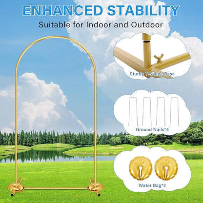 Heavy Duty Metal Arch Backdrop Stand, 7.2FT, 6.6FT, 6FT Set of 3 Gold Arch Stand with Ground Stakes and Water Bags, Balloon Arch Stand for Wedding Party Baby Shower Photo Flower Arch Decration