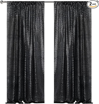 Sugargirl Halloween Black Sequin Backdrop Curtain 2 Panels 2FTx8FT Glitter Black Background Drapes Sparkle Photography Backdrop for Party Wedding Birthday Wall Decoration