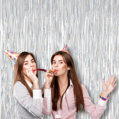 2 Pack Laser Silver Foil Fringe Backdrop Curtains, Tinsel Streamers Birthday Party Decorations, Fringe Backdrop for Graduation, Baby Shower, Gender Reveal, Disco Party