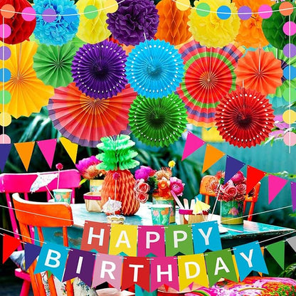 Colorful Birthday Decorations - Mexican Fiesta Party Decorations with Happy Birthday Banner, Paper Fans, Paper Pom Poms,Dots Garland, Pennant Banner, Honeycomb Balls Packs