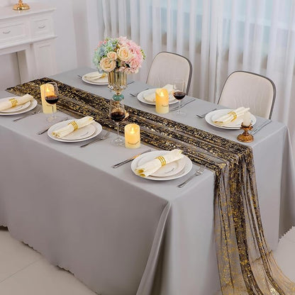 Snowkingdom 6 Pcs Black & Gold Cheesecloth Table Runner 10 FT, Sheer Chiffon Sparkle Gauze Mesh Runners 120 Inch, Glitter Table Centerpieces Decoration for Birthday Party Wedding Christmas Halloween