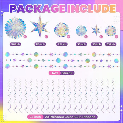 BTSD-home 29 Pcs Iridescent Party Decorations with Hanging Honeycomb Ball Decorative Paper Fan Snowflake Hexagonal Star Garlands Ribbons Birthday Wedding Graduation Bachelorette Disco Party Supplies