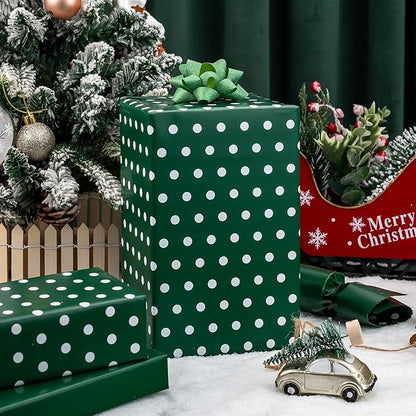 Flyhill Green Wrapping Paper Roll,Reversible Gift Wrap Paper with Polka Dot Design for Birthday,Christmas,Holiday,Party(17 Inch X 32.8 Feet)