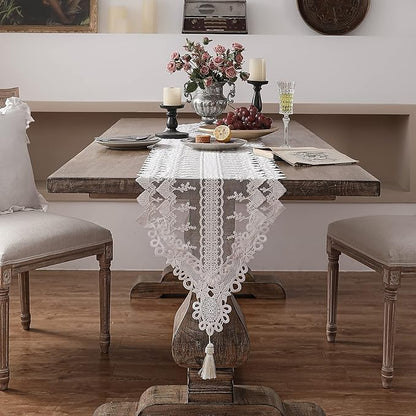 patdrea Designer Vintage White Lace Table Runner,Crochet Decorative Table Covers,Chiffon Embroidered Tasseled Table Runners, Cutwork Dresser Runners,Christmas Wedding Party Bridal 16x87 Inches Long