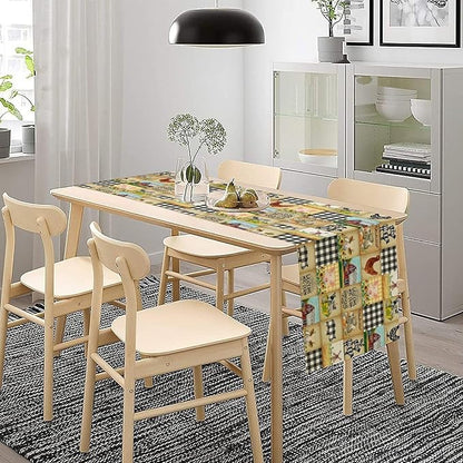 Farmhouse Animals Table Runner,Rustic Cabin Pig Chicken Cow Sunflowers Geometric Grids Burlap for Hotel Indoors Outdoor Dining Room Kitchen Holiday Party, 13x60in