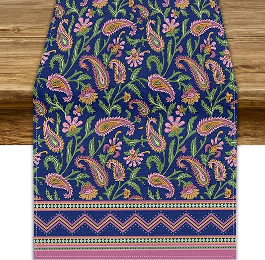 Colorful Paisley Floral Table Runner, Vintage Pink Purple Flowers Green Plants Leaves Print Table Runner for Kitchen Dining Table Indoor Outdoor Home Party, 13x108inch