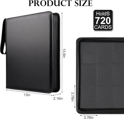 GEAoffice Trading Card Binder 12 Pocket Hold 720 Cards, Premium PU Cover Zipper Collection Binder, Ringless Side Loading Card Album Folder for YuGiOh, MTG, TCG, Game & Sports, Non-PVC, Carbon Black