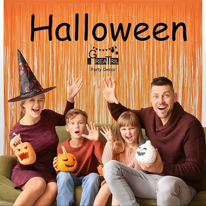 Orange Tinsel Curtain Party Backdrop - GREATRIL Foil Fringe Curtain Party Streamers for Fall/Thanksgiving Day/Birthdays/Doorway/Easter/Coco Theme/Day of The Dead Party Decorations 2 Packs