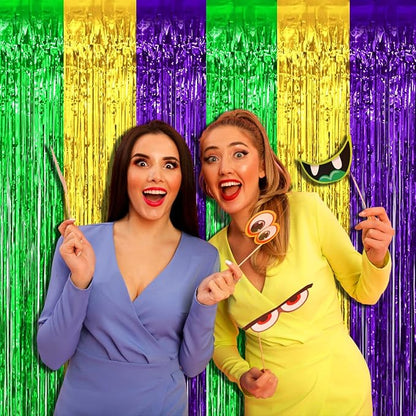 4 Pack Mardi Gras Foil Fringe Curtain Backdrop, 3.28Ft x 8.2Ft Gold Green Purple Metallic Tinsel Foil Fringe Streamers Curtains for Photo Booth, Wedding, Birthday, Carnival Party Decoration