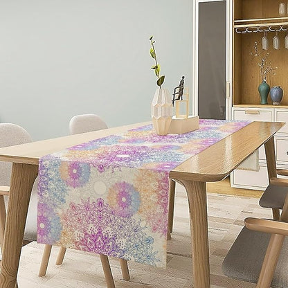Oriental Mandala Table Runner, Traditional Bohemian Gradiently Purple Pink Blue Mandala Flower Table Runner for Farmhouse Cottage Kitchen Dining Table Decor, 13x36inch