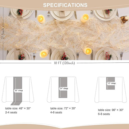 Snowkingdom 3Pcs 10 Ft Gold Table Runners, Sheer Chiffon Tulle Cheesecloth Wedding Runner, Golden Sequin Glitter Metallic Foil Party Table Decorations Centerpieces for Wedding Birthday Christmas