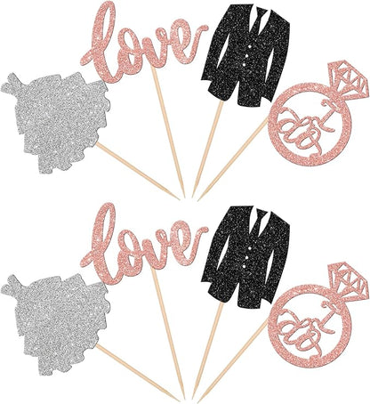 24 PCS Groom and Bride Cupcake Toppers Glitter Ring Love I Do Cupcake Picks Marriage Bridal Shower Cake Decorations for Wedding Engagement Bridal Shower Theme Party Supplies Rose Gold