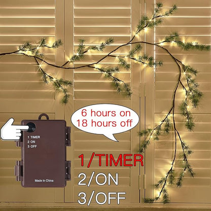 Fudios Lighted Christmas Pine Garland 6FT 48 Warm White LED Battery Operated with Timer for Mantle Fireplace Holiday Winter Decoration Indoor Outdoor Use
