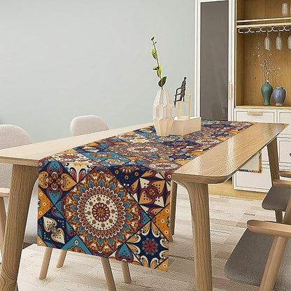 Vintage Mandala Table Runner, Bohemian Brown Blue Tile Traditional Indian Flowers Table Runner for Kitchen Dining Table Office Wedding Party Holiday Home Decor, 13x60inch