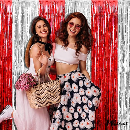 4 Pack 3.2Ft x 6.6Ft Red and Silver Fringe Curtain Backdrop, Metallic Tinsel Foil Fringe Streamers Curtains Background for Photo Booth Wedding Circus Welcome Carnival Birthday Party Decorations