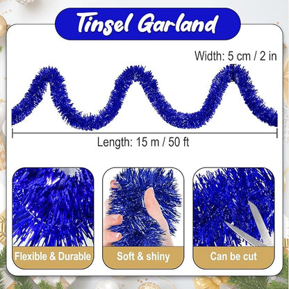 50 Feet Blue Christmas Tinsel Garland, Metallic Foil Twist Banner Wall Hanging Tinsel Streamers Backdrop for Parade Floats, Christmas, Mother's Day, Birthday Party Decorations(2in x 50ft)