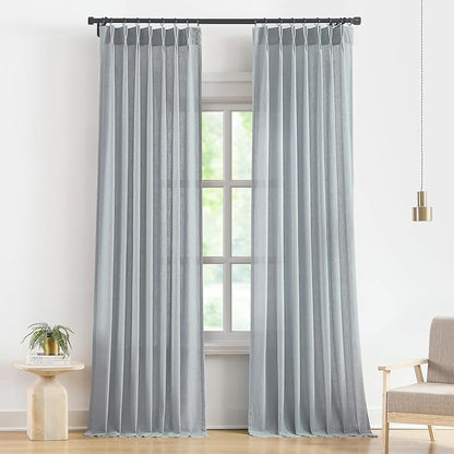 Vision Home Blue Fog Pinch Pleated Semi Sheer Curtains Textured Linen Blended Light Filtering Window Curtains 102 inch for Living Room Bedroom Pinch Pleat Drapes with Hooks 2 Panels 40" Wx102 L