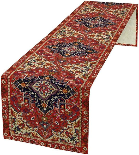 Boho Old French Table Runner, Vintage Red Beige Retro Flower Rustic Country Style Floral Print Pattern for Home Kitchen Table Decor Dining Coffee Room Garden Party Decor 13x72in