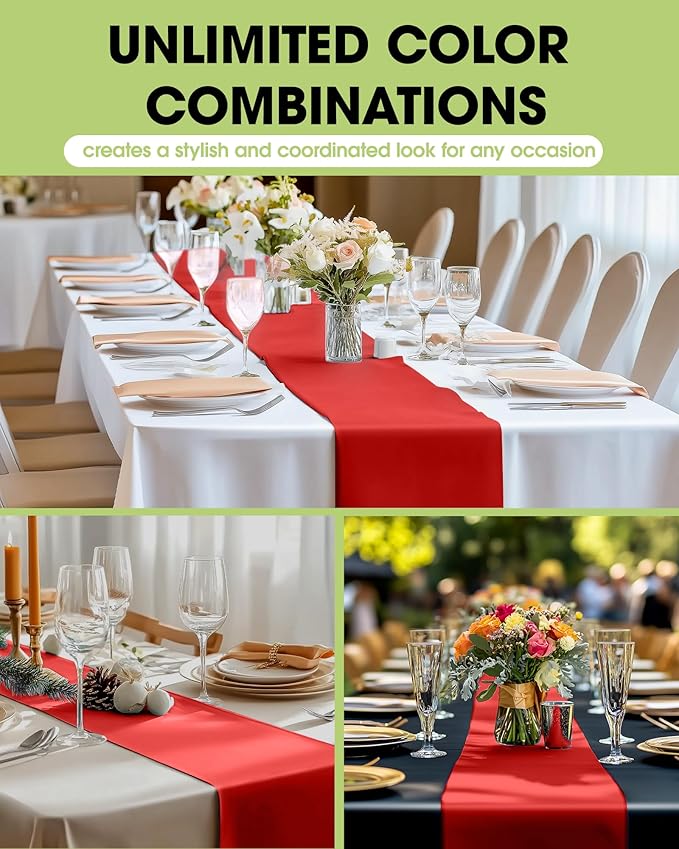 Pureegg Red Plastic Table Runners - 10 Pack, 14'' x 108'', Water Resistant & Disposable Centerpiece Decorations for Table Cloth, Wedding, Birthday, Holiday, Baby Shower, Party, Home Decor