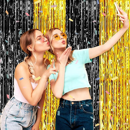 6 Pack Black Gold Foil Fringe Curtain Backdrop, 3.28Ft x 8.2Ft Metallic Tinsel Foil Fringe Streamer Curtains for Photo Booth, Birthday, Wedding, New Year Party Decorations