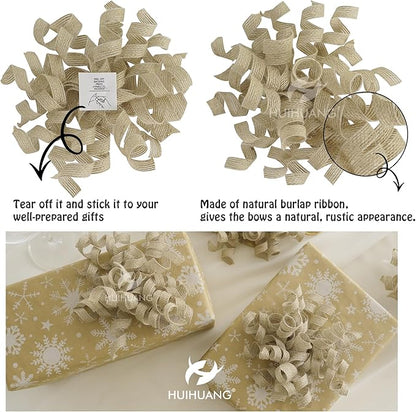 HUIHUANG Burlap Gift Bows Curly Bows for Gift Wrapping Self Adhesive Burst Gift Bow for Baby Shower, Wedding, Birthday Party Favors, Christmas Presents - 5 inch x 6 Counts