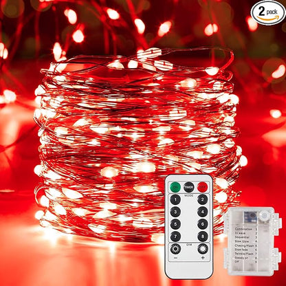 2 Pack 32.8 Ft. Battery Operated Outdoor String Lights with Remote & Timer, LED Red Fairy Lights, Waterproof Twinkle Lights for Bedroom, Dorm, Mason Jar, Wedding, Party, Christmas