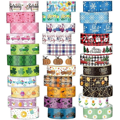 TaoBary 33 Rolls Holiday Plaid Washi Tape, 15 mm Seasonal Washi Tape Set Bohemian Colorful Vintage Cute for Card Wrapping Craft(Cute Style)
