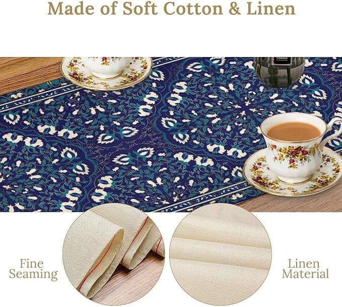 Boho Floral Vintage Table Runner, Retro Morris Abstract Blue Flower Rustic Country Farmhouse Pattern for Home Kitchen Table Decor Dining Coffee Room Wedding Party Decor 13x120in