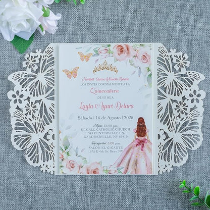 20 PCS 5.12x7.2 Butterfly Quinceanera Invitation, Laser Cut Wedding Invitation Cards with Envelopes for XV Anos Bridal Shower Baby Shower Invite (Rose Gold Glitter)