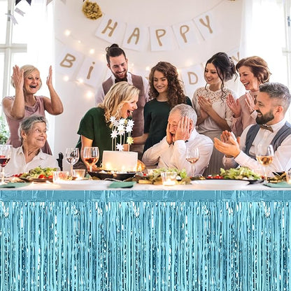 3 Pack 29 x108 Inch Light Blue Foil Fringe Table Skirts Metallic Banner for Tinsel Streamer Garland Backdrop for Parade Floats Wedding Thanksgiving Birthday Christmas New Year Party Decoration