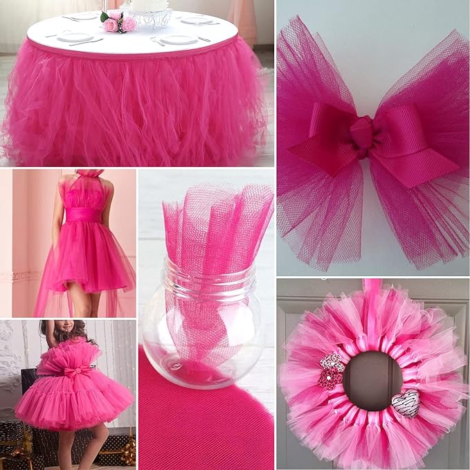Fuchsia Tulle Fabric Rolls 6 Inch by 200 Yards (600 feet) Fabric Spool Tulle Ribbon for DIY Halloween Tutu Bow Baby Shower Birthday Party Wedding Decorations Craft Supplies