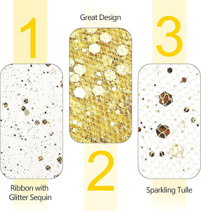Glitter Tulle Rolls, 6” by 50 Yards (150FT) Sparkling Tulle Spool Ribbon Sequin Tulle Netting Fabric for Tutu Skirt Wedding Birthday Baby Shower (Gold)