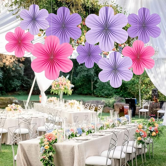 SUNBEAUTY Flower Party Decorations Paper Fans Classroom Decoration Paper Floral Backdrop Decor Paper Fans Decoration Hanging Paper Fans Purple Flower Wall Decor,Set of 9