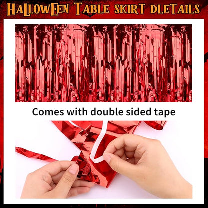 28x106 Inch Red Sequin Tablecloth for Halloween Decorations, Metallic Tinsel Foil Fringe Table Skirt, Rectangle or Round Tables Decor, Table Cover, Spider Decorations for Halloween Party