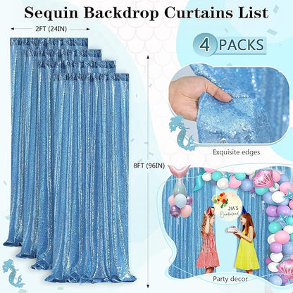 Baby Blue Christmas Backdrop Curtains 4 Pieces 2FTx8FT Sequin Photography Background Curtain for Party Decoration