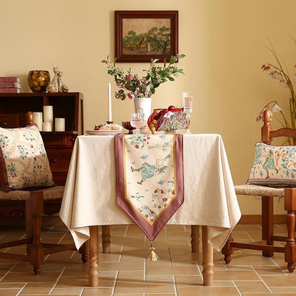 patdrea Designer Idyll Linen Extra Long Table Runner,Vintage Beige Farmhouse with Ancient Figure and Fruit Trees Pattern Table Mat, Decoration for Kitchen Dining Banquet Christmas ,12"*102"