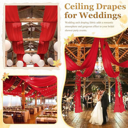 MODFUNS Red Ceiling Drapes for Weddings 5x30ft 6 Panels Chiffon Ceiling Curtain Sheer Fabric for Draping Tulle Arch Drapery Fabric Semi Sheer Backdrop Curtains for Ceremony Hall Ceiling Decor