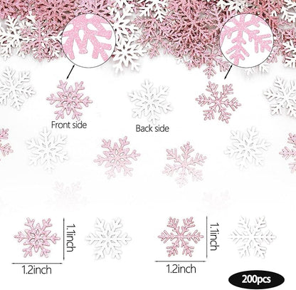 200PC Pink Glitter Snowflake Confetti Winter Onderland Decorations Paper Snowflakes Table Scatter for Winter Wonderland Birthday Baby Shower Party Decor
