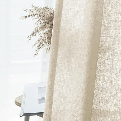 Melodieux Beige Semi Sheer Curtains 63 Inch Length for Bedroom Living Room, Farmhouse Linen Texture Light Filtering Home Office Shiny Sheer Drapes Rod Pocket, 52" W x 63" L, 2 Panels
