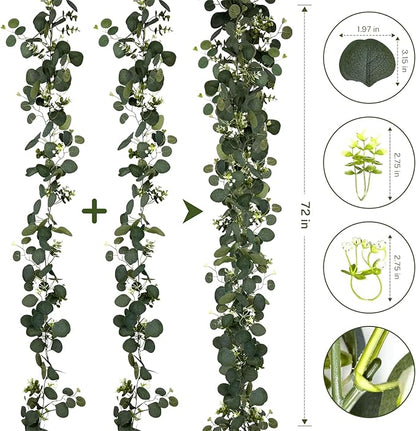 Eucalyptus Garland, 2 Packs 6FTGreen Flower Garland Decor, Artificial Faux Eucalyptus Leaves Greenery Vines for Table Runner Wedding Bedroom Mantle Centerpieces Backdrop Decorations