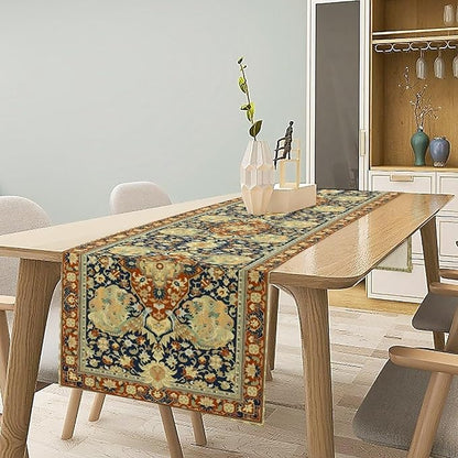 Vintage Boho Floral Table Runner, Elegant Luxurious Rustic Country Farmhouse Navy Blue Gold Retro Flower Pattern for Home Kitchen Table Decor Dining Coffee Room Party Decor 13x108in