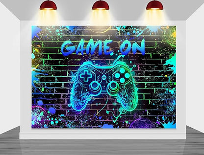 Mocsicka Game On Backdrop Video Game for Boys Level Up Birthday Party Decoration Game Night Arcade Neon Glow Gamer Banner Photography Background (Blue, 8x6ft(96"x72"))